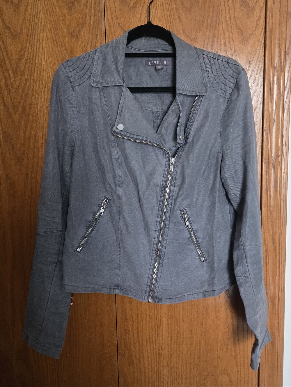 Level 99 Moto Jacket Womens L Gray Asymmetrical Zip Linen Cotton Stretch